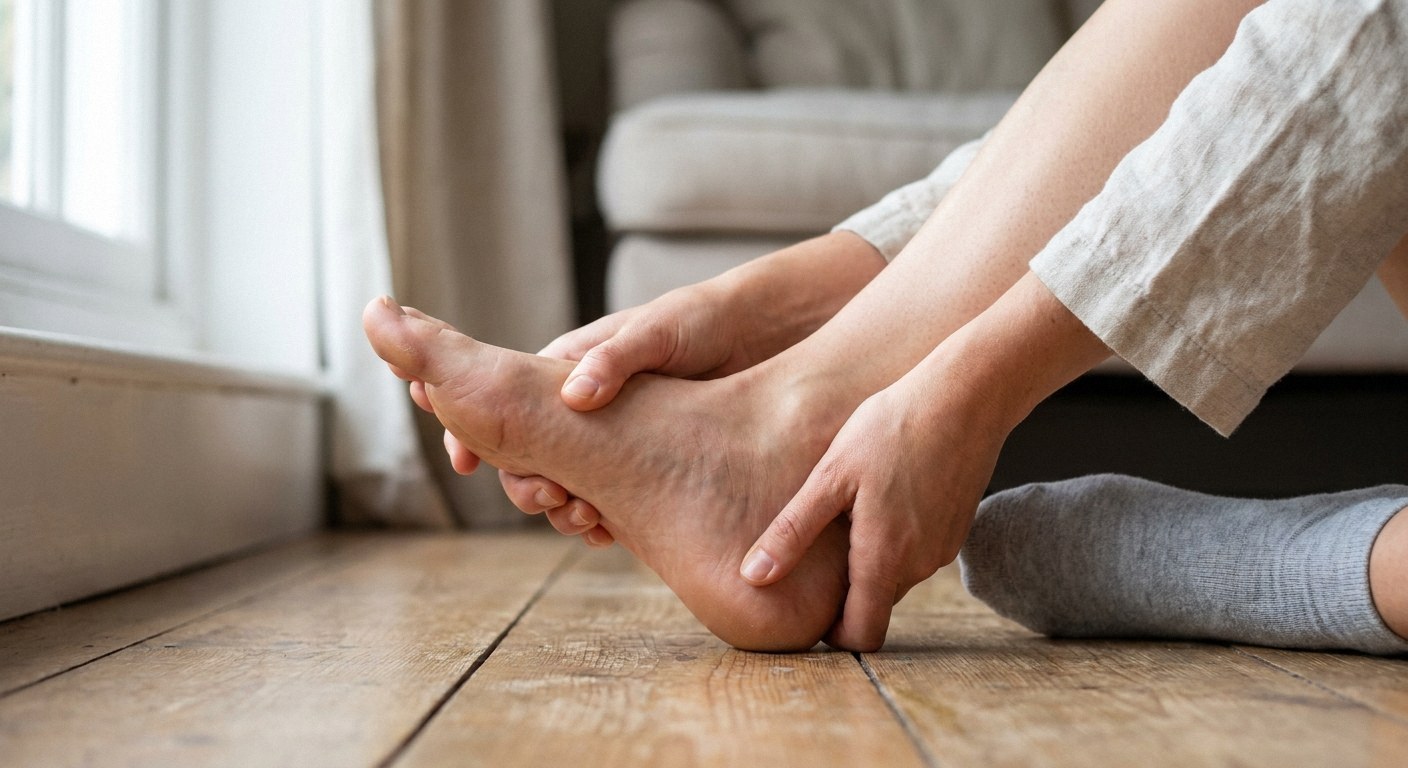 A close-up view of a person gently massaging the base of their foot and toes
