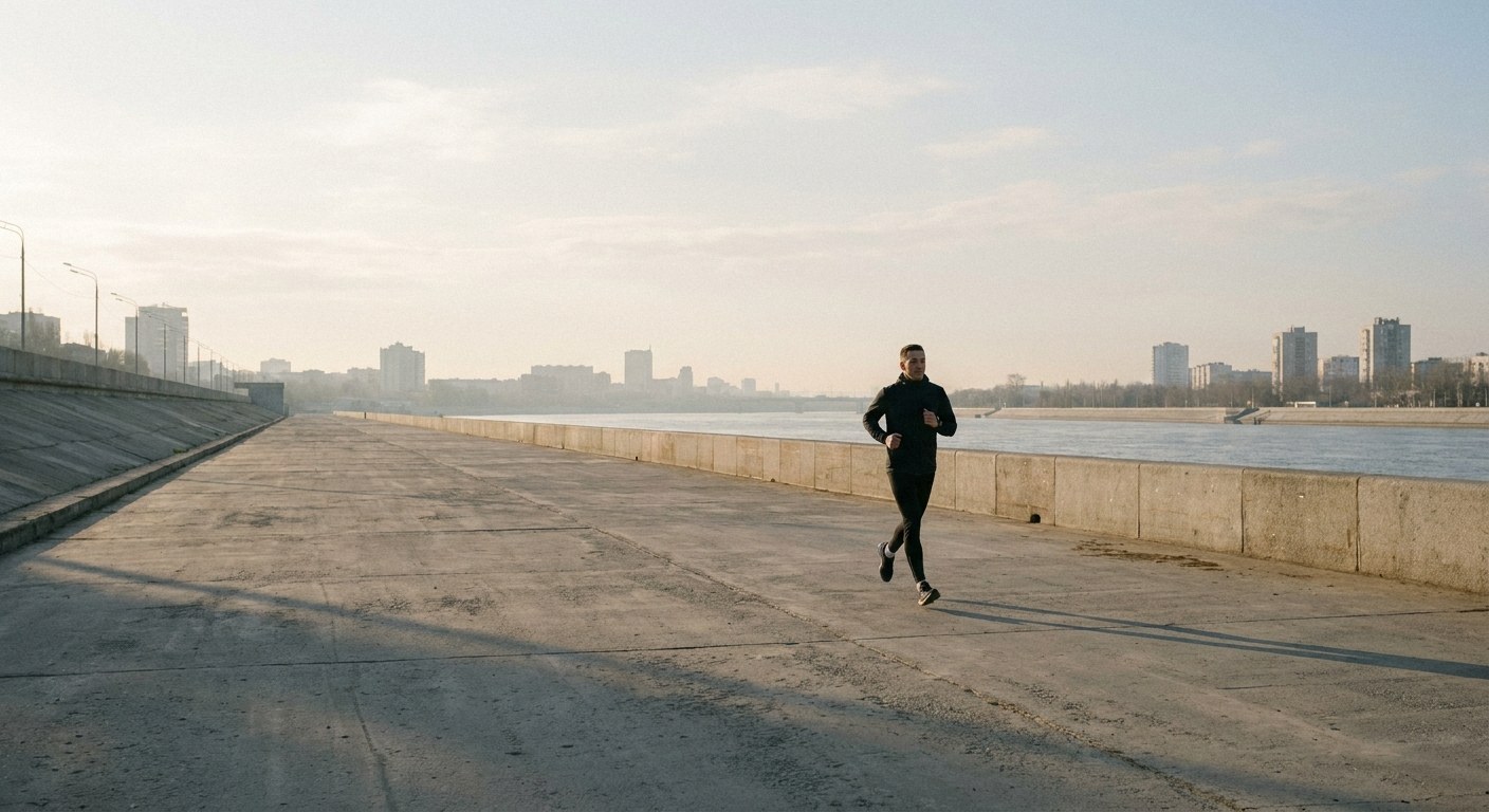 Wide context view of a solitary runner jogging along a long, concrete urban pathway at dawn, establishing the broad