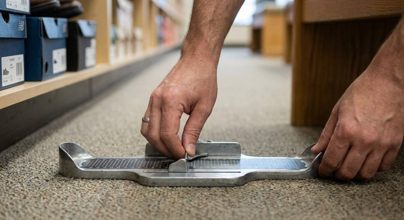 Two hands adjust a metal Brannock foot-measuring device on a carpeted floor. Shoe boxes on wooden shelves are visibly