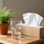 A wooden nightstand holds a small potted fern, a half-filled clear glass of water, and a plain cardboard tissue box