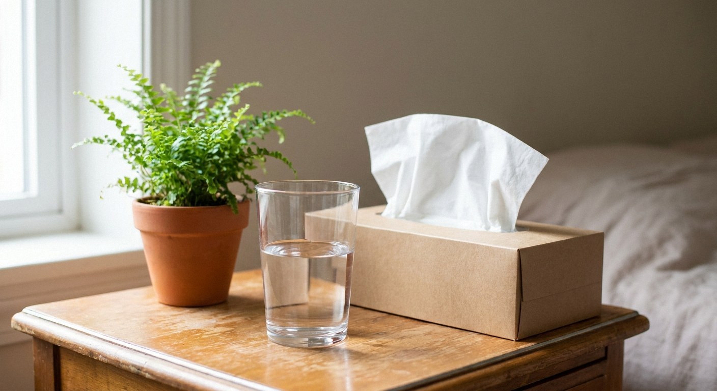 A wooden nightstand holds a small potted fern, a half-filled clear glass of water, and a plain cardboard tissue box