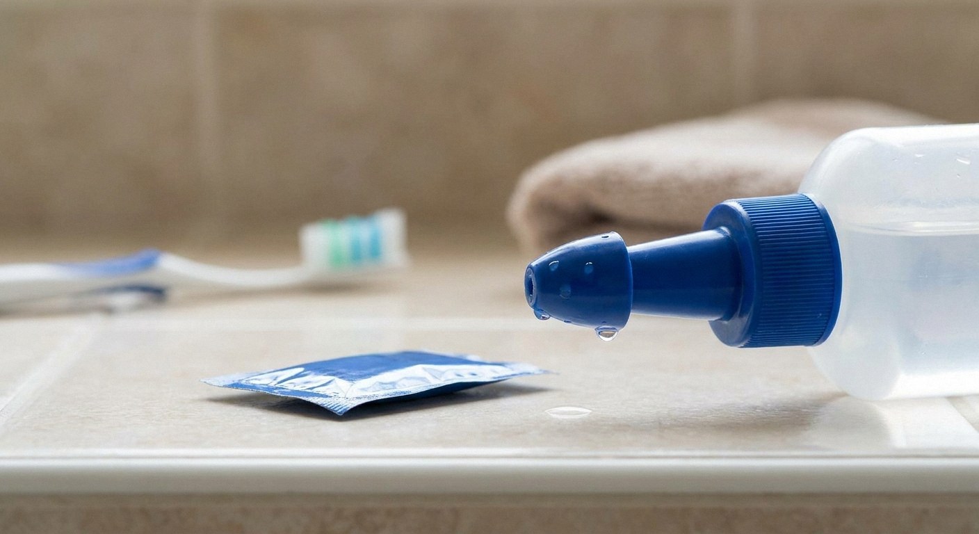 Close-up of a clear plastic bottle with a blue nozzle lying on a tiled counter. A liquid drop hangs from the tip. A
