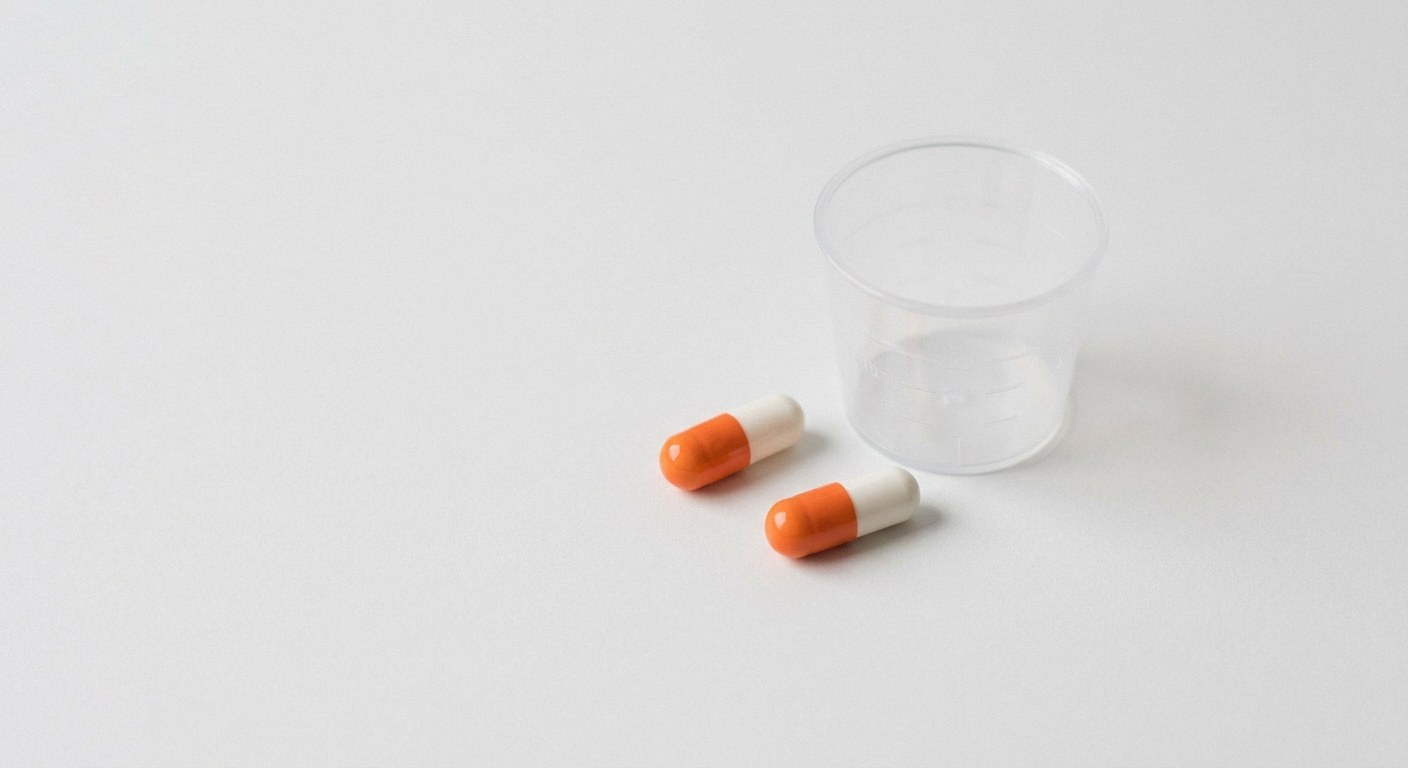 A clear, overhead shot of two generic orange and white ibuprofen pills resting next to a small dosage measuring cup on