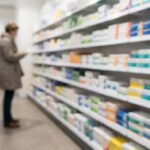 A fully blurred view of a brightly lit pharmacy aisle. A person in a beige coat and dark pants stands looking at