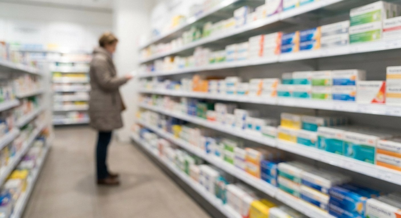 A fully blurred view of a brightly lit pharmacy aisle. A person in a beige coat and dark pants stands looking at