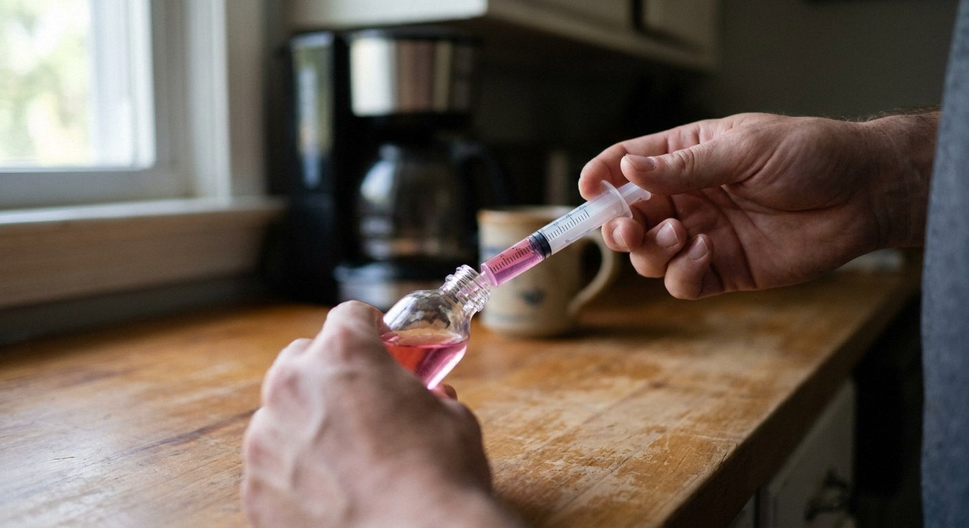 Hands hold a small bottle and draw pink liquid into a plastic syringe above a wooden kitchen counter. A blurred coffee