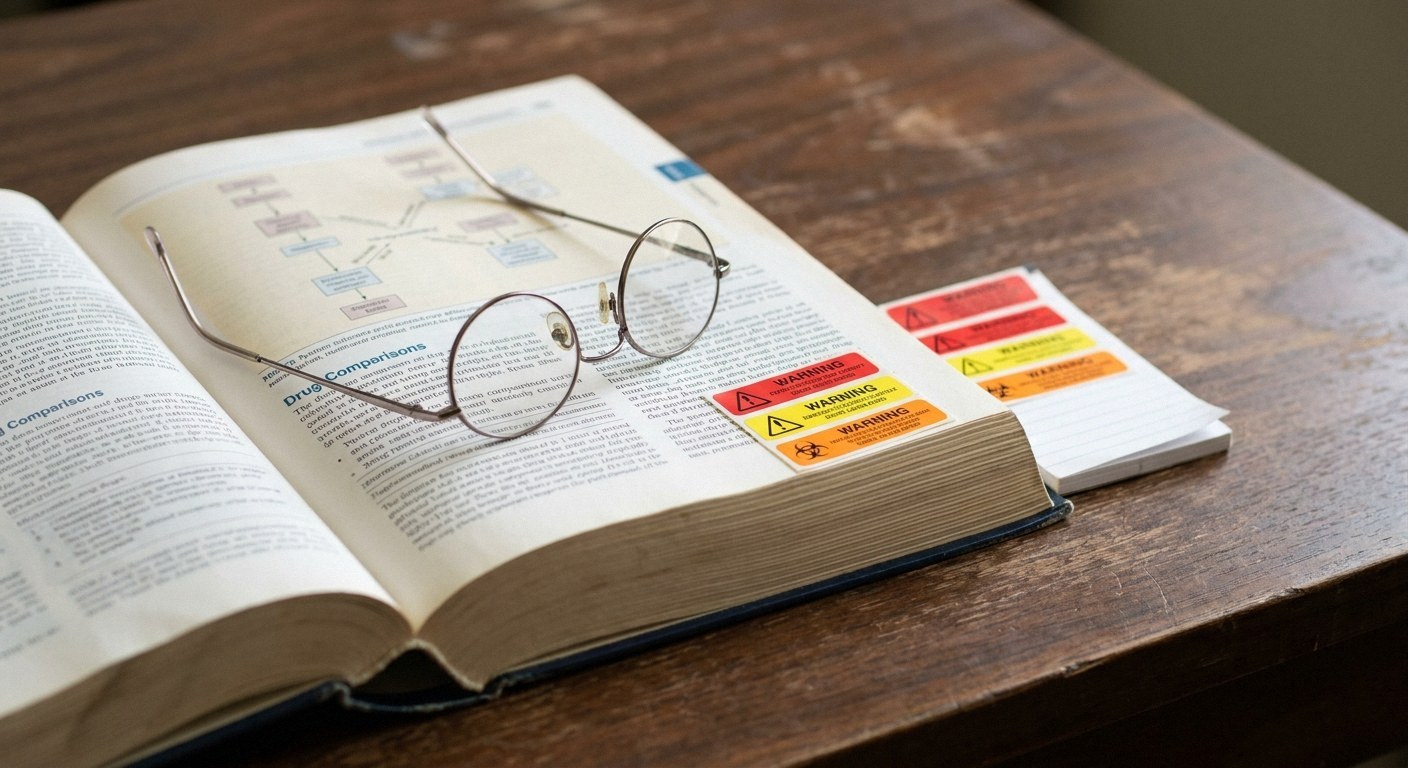 Open book on wooden desk with glasses on pages. Text includes Comparisons and Drug. Nearby notepad holds red, yellow